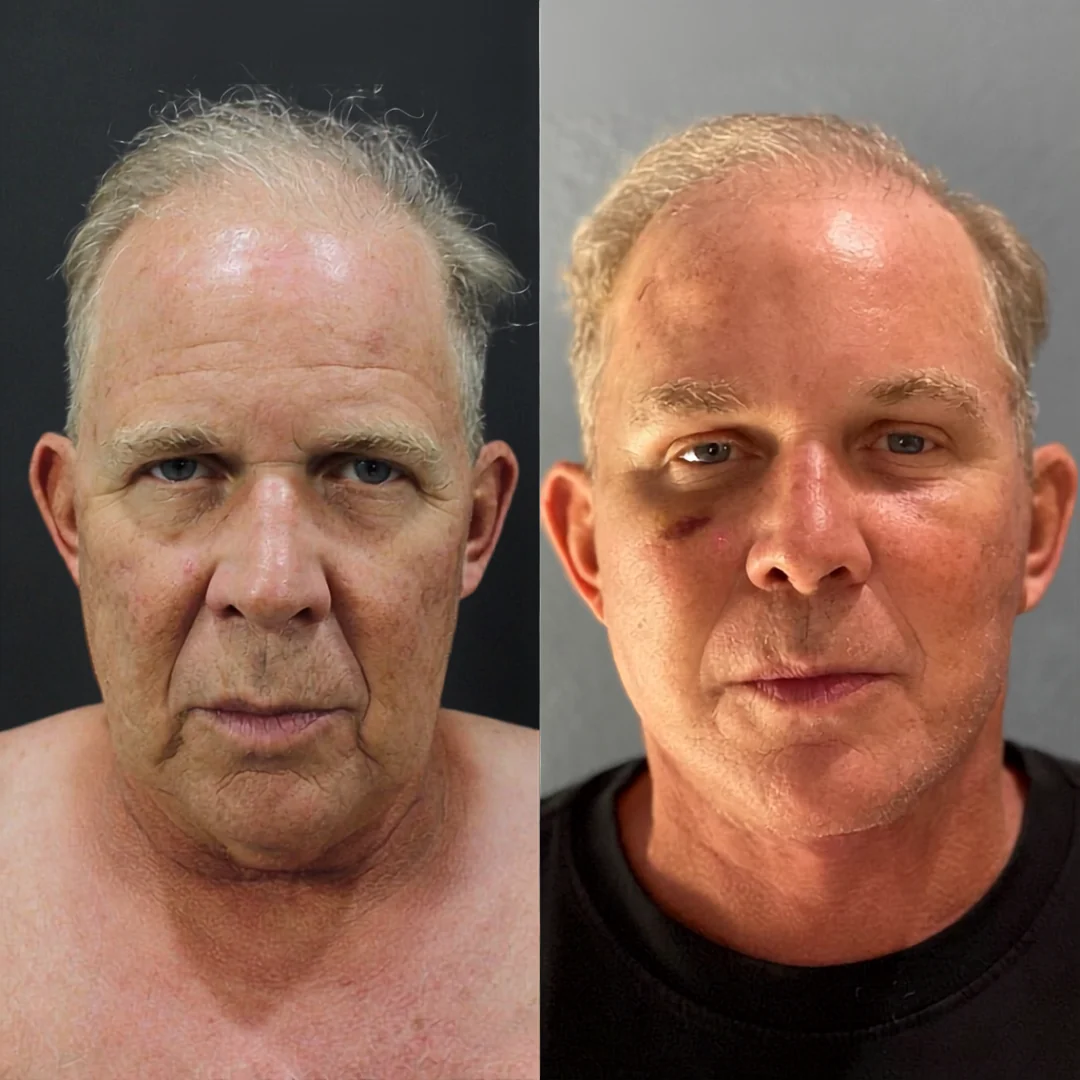 A patient before and after a face, neck and brow lift, using the deep plane technique. Individual results vary.