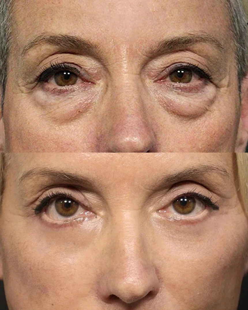 A patient before and after a lower blepharoplasty, using the deep plane technique. Individual results vary.