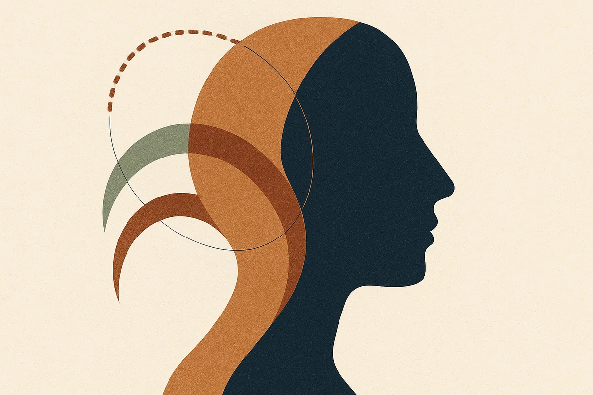 Abstract editorial illustration in cream, bronze, sage, and navy of three separate arcs converging into a single continuous line, suggesting three facial procedures planned as one session