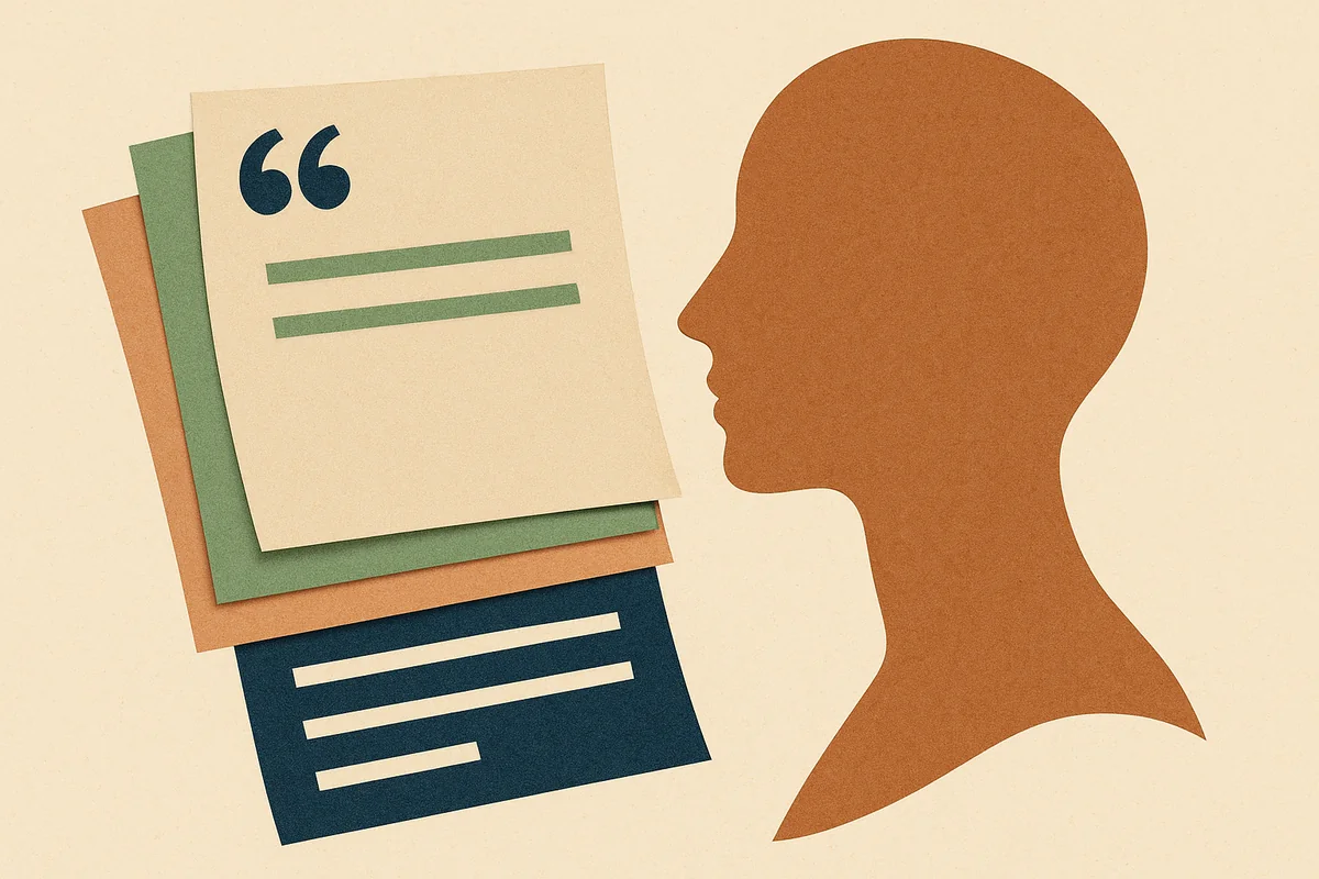 Cut-paper illustration of a serene face in profile beside a stack of layered quote documents in cream, bronze, sage, and navy, the lowest sheet missing several of its lines