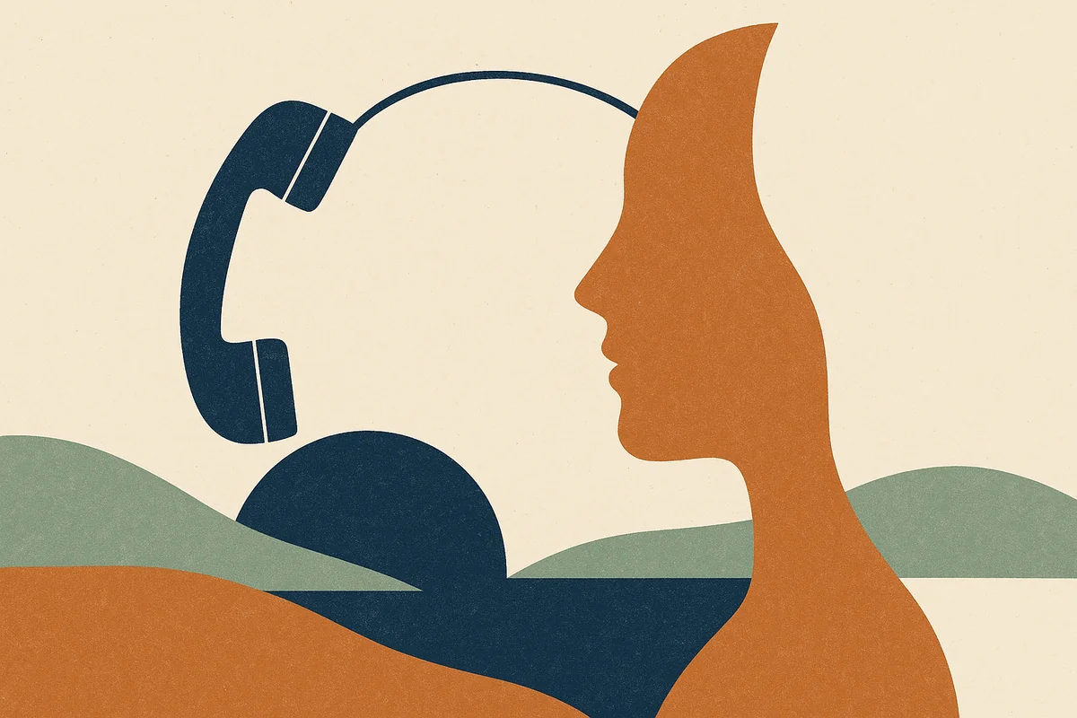 Abstract editorial illustration in cream, bronze, sage, and navy of a single telephone line arcing across a stylized border between two calm landscapes, symbolizing continuity of surgical care between countries