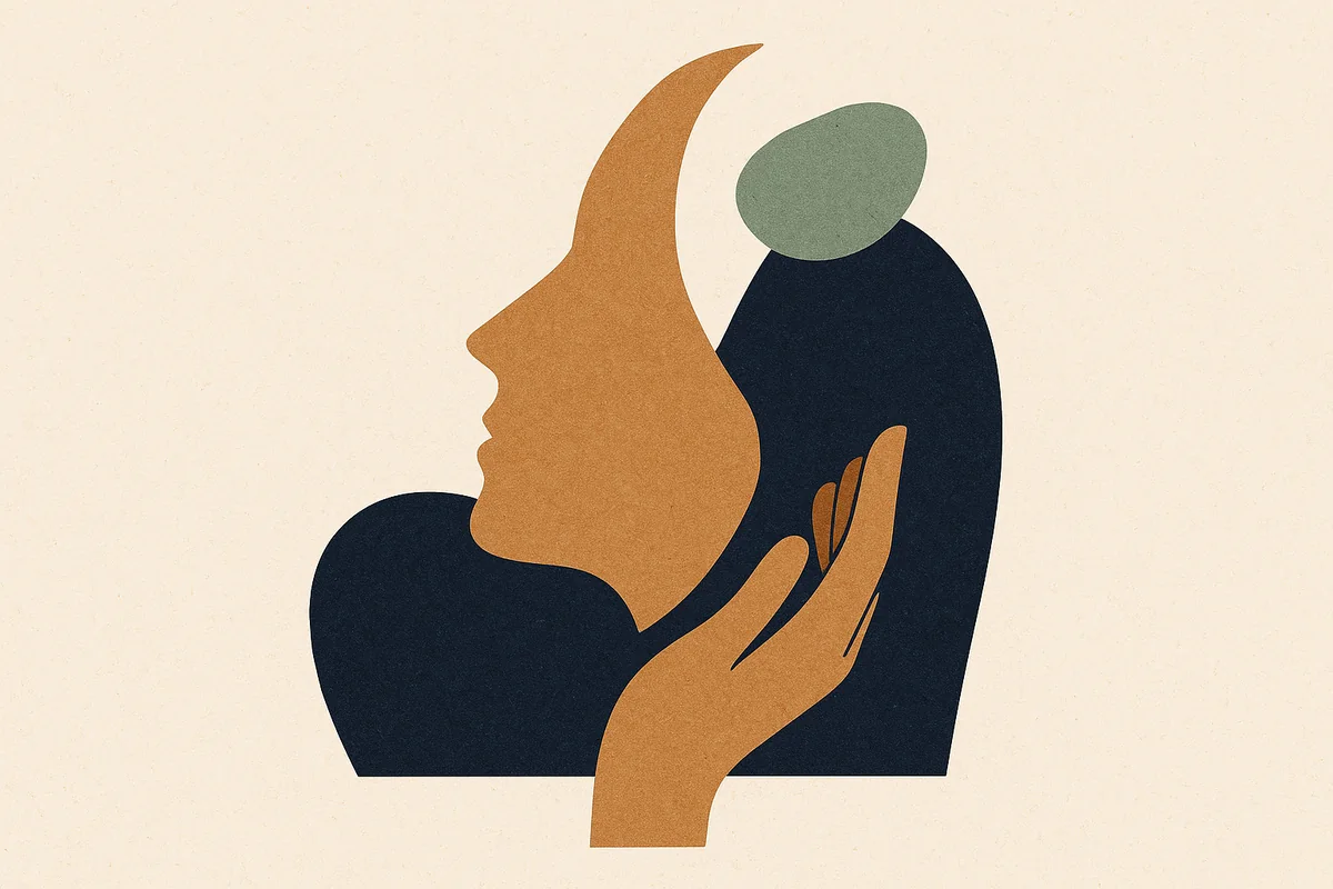 Abstract editorial illustration in cream, bronze, sage, and navy: a layered cut-paper profile lifted gently upward as one intact piece, every contour keeping its shape, deep bronze planes moving in unison with the pale surface, suggesting a face restored without being changed. No rendered facial features.