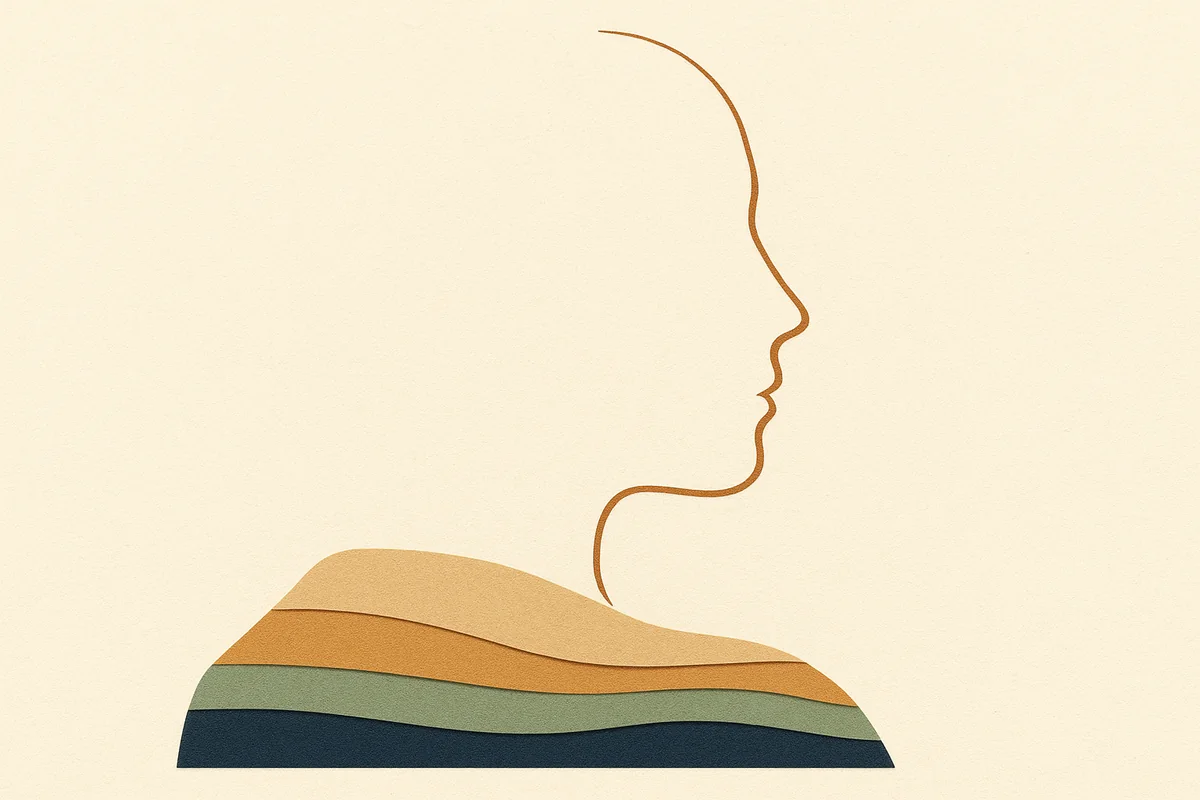 An abstract editorial illustration of a serene face in profile built from soft settling layers, its deep planes coming to rest and traced by a bronze line, in cream, bronze, sage and deep navy.