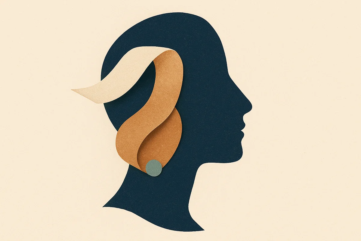 An abstract cut-paper face in profile, its cheek built from three stacked layers in cream, bronze, and deep navy: one sheet folded from above, one lifted from beneath, one held in place, meeting at a single navy anchor point.