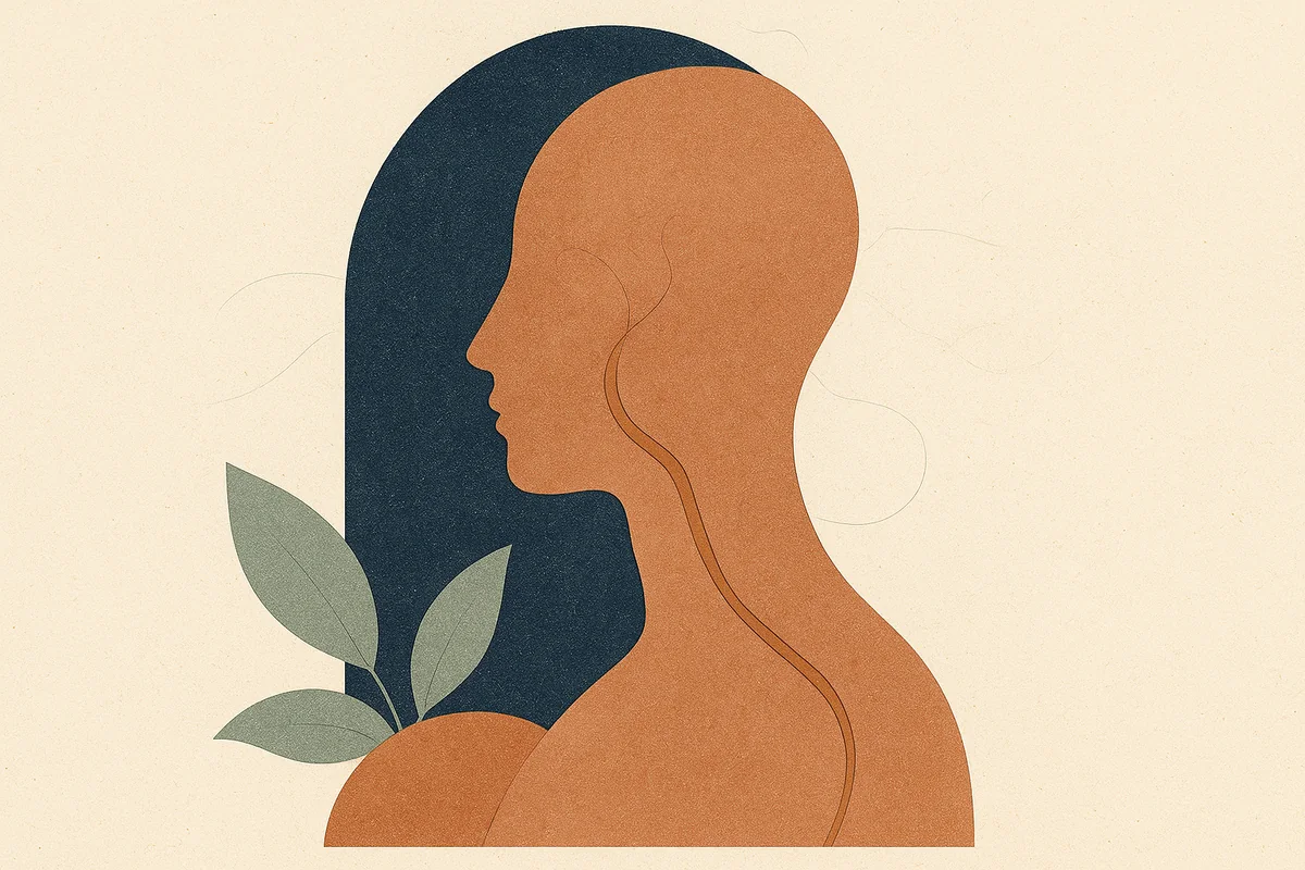 An abstract editorial illustration of a face in profile where one unbroken bronze line lifts from the cheek, over the jawline, and down through the neck, drawn as a single continuous plane, in cream, bronze, sage and deep navy.