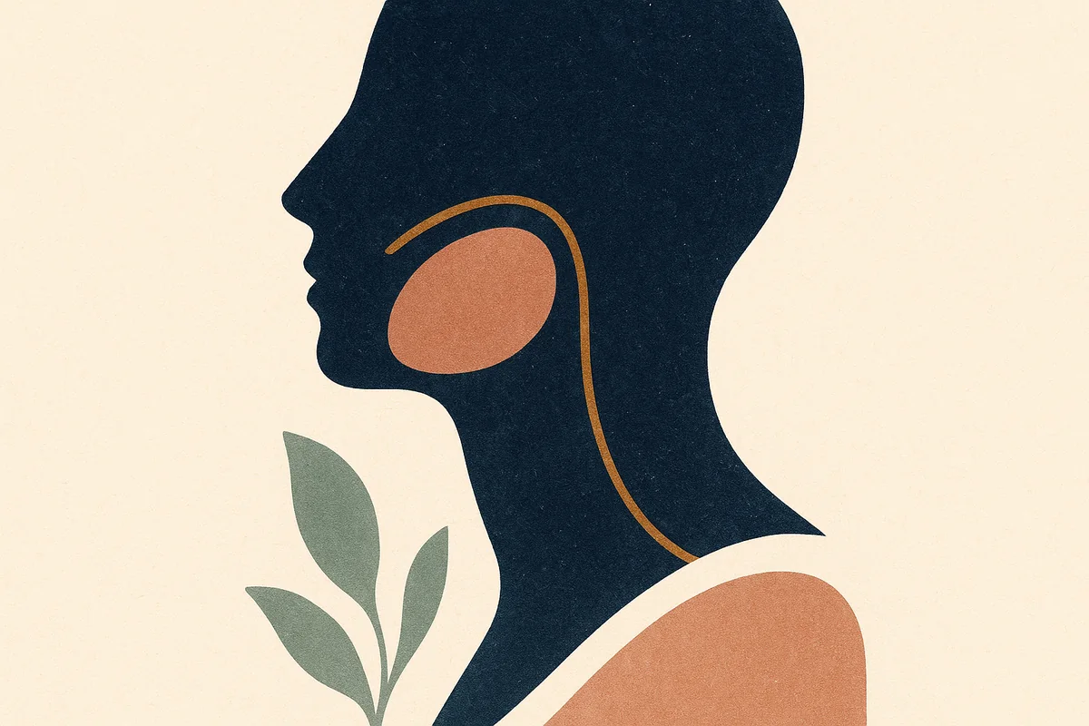 An abstract editorial illustration of a face and neck in profile where a single bronze line traces the jawline as a border, with a soft rounded form marked just above it for the jowl and the neck drawn as its own open territory below, in cream, bronze and deep navy.