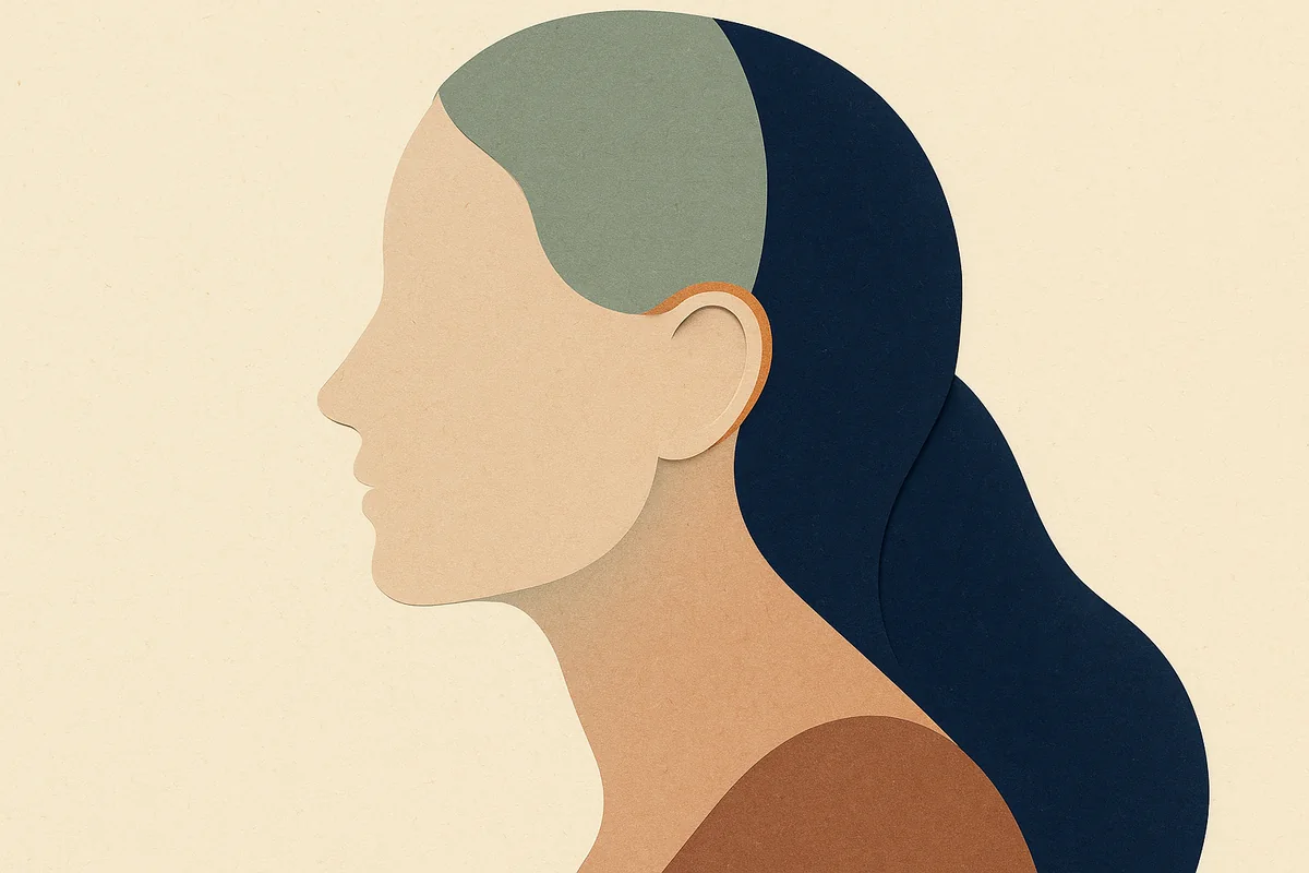 An abstract editorial illustration of a face in profile built from deep layered planes, where a warm bronze line traces the curve of the ear and dissolves softly into the cream background, in cream, bronze, sage and deep navy, no real facial features.