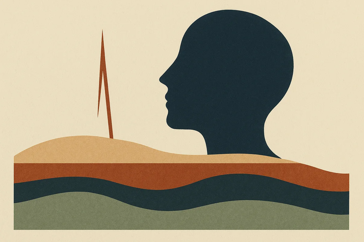 An abstract editorial illustration of a calm face in profile resting on soft symmetric layers while a single sharp bronze line breaks upward on one side, in cream, bronze, sage and deep navy.