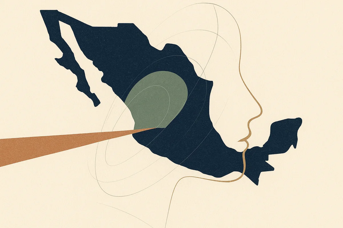 Abstract editorial illustration in cream, bronze, sage, and navy of layered cut paper Mexico, a short bronze road meeting the U.S. border at one edge and a longer flight arc curving deep inland, with no faces
