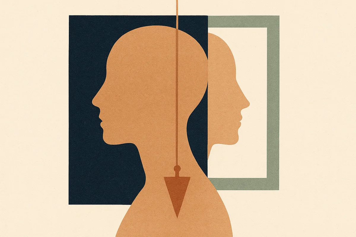 An abstract cut-paper illustration in cream, bronze, and deep navy of two identical face-and-neck profiles set side by side in matching frames, a single bronze plumb line dropping through both to mark the same angle, distance, and light.