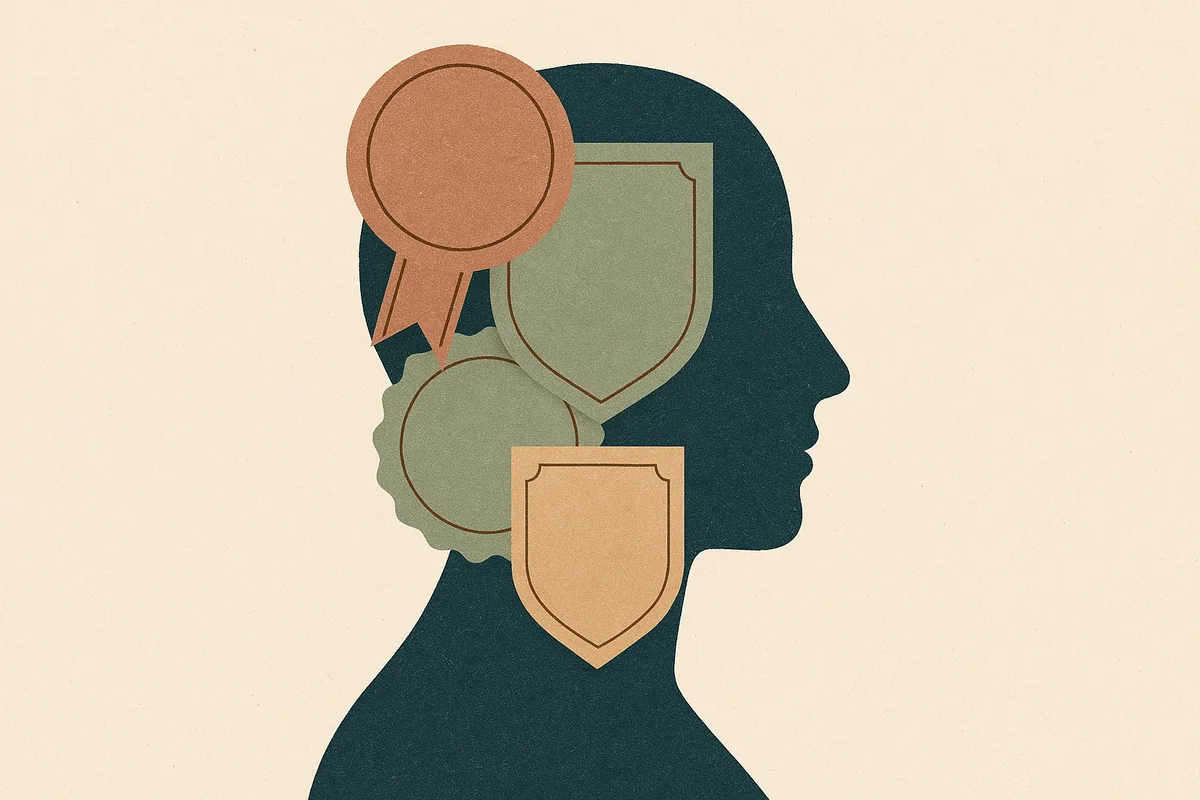 An abstract editorial illustration of a face in profile assembled from four interlocking credential seals, each confirmed and traced by a single bronze line, in cream, bronze, sage and deep navy.