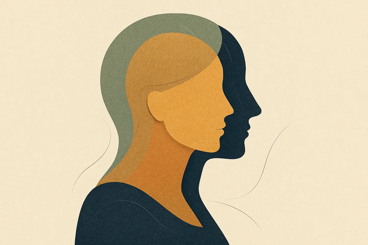 Abstract editorial illustration in cream, bronze, sage, and navy of a single cut-paper profile beside its own reflection, the same silhouette rendered in warmer, brighter layers, suggesting one identity restored rather than replaced