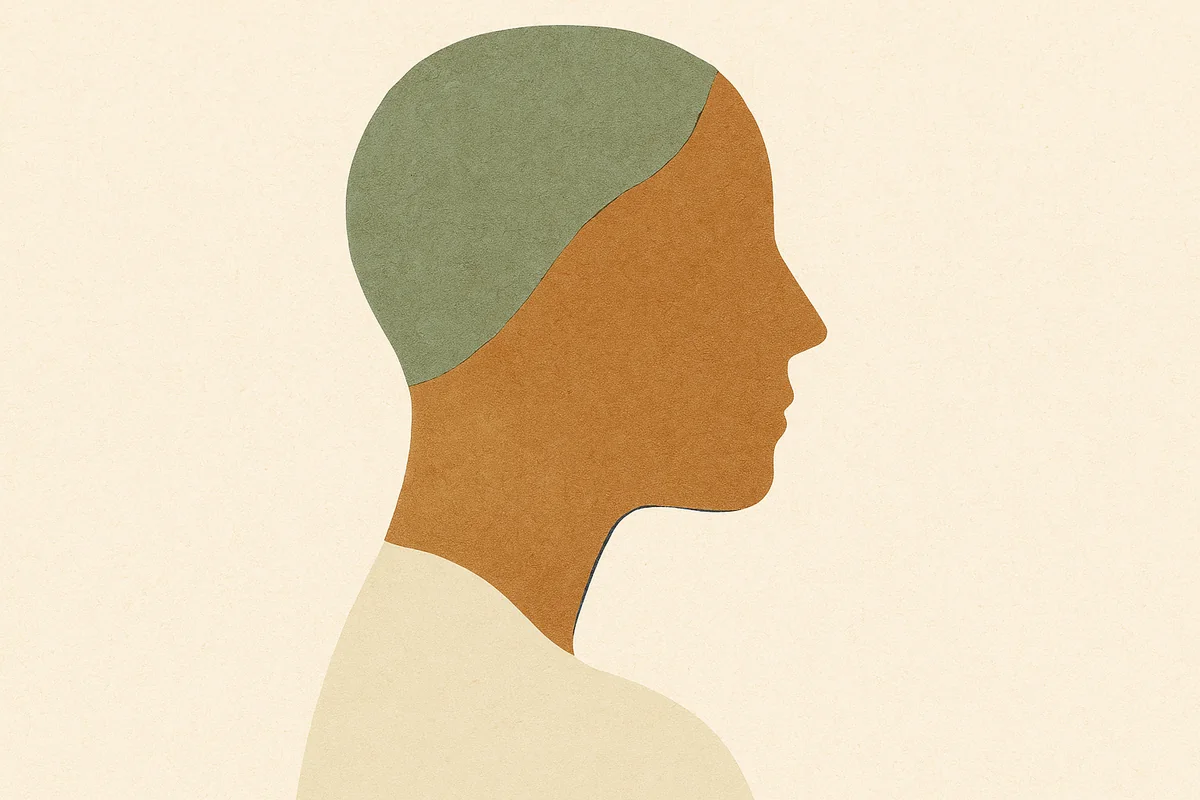 An abstract cut-paper profile of a face in sage and bronze, its lower edge softening and folding downward over a pale cream field, with a faint navy contour line marking where the jawline once sat.