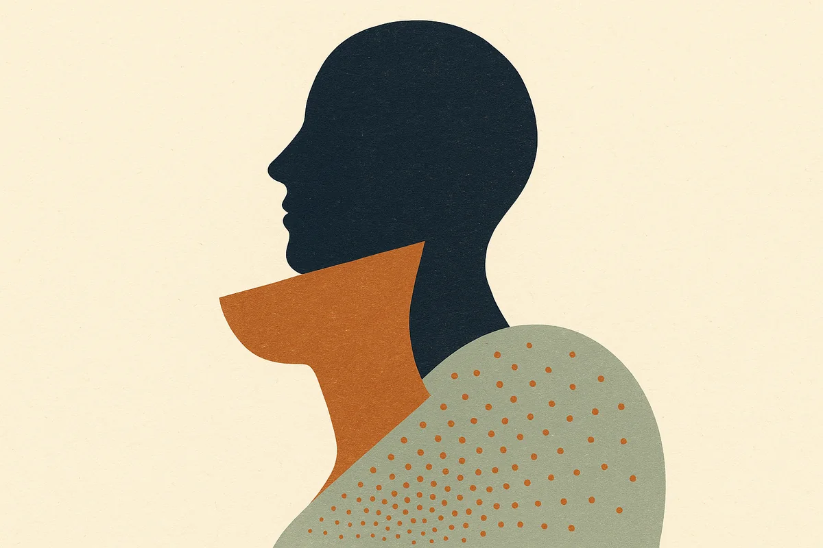 Abstract cut-paper illustration in cream, bronze, sage, and navy: a stylized face in profile with a bronze jawline plane lifted into place above a field of fine sage energy dots