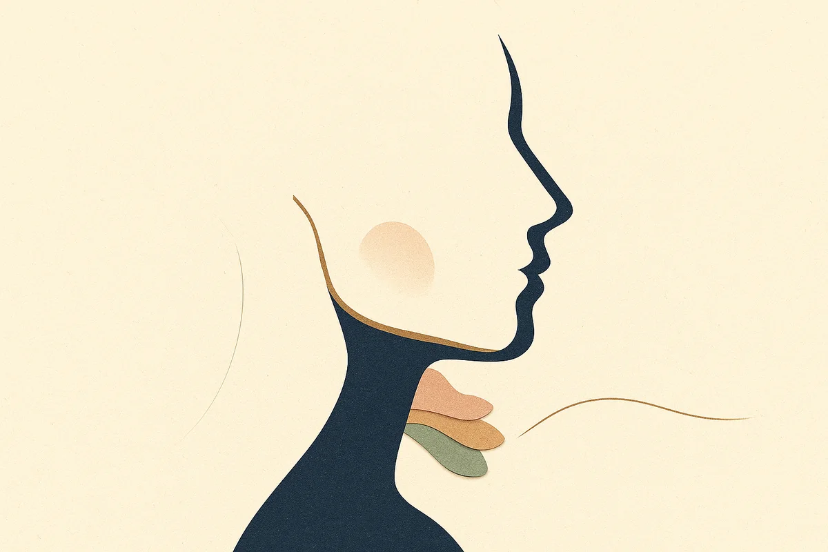 An abstract editorial illustration of a face and neck in profile divided by a single bronze line along the jawline, a cream plane above and a deep navy plane below, with three small layered shapes under the chin suggesting fat, muscle, and skin.