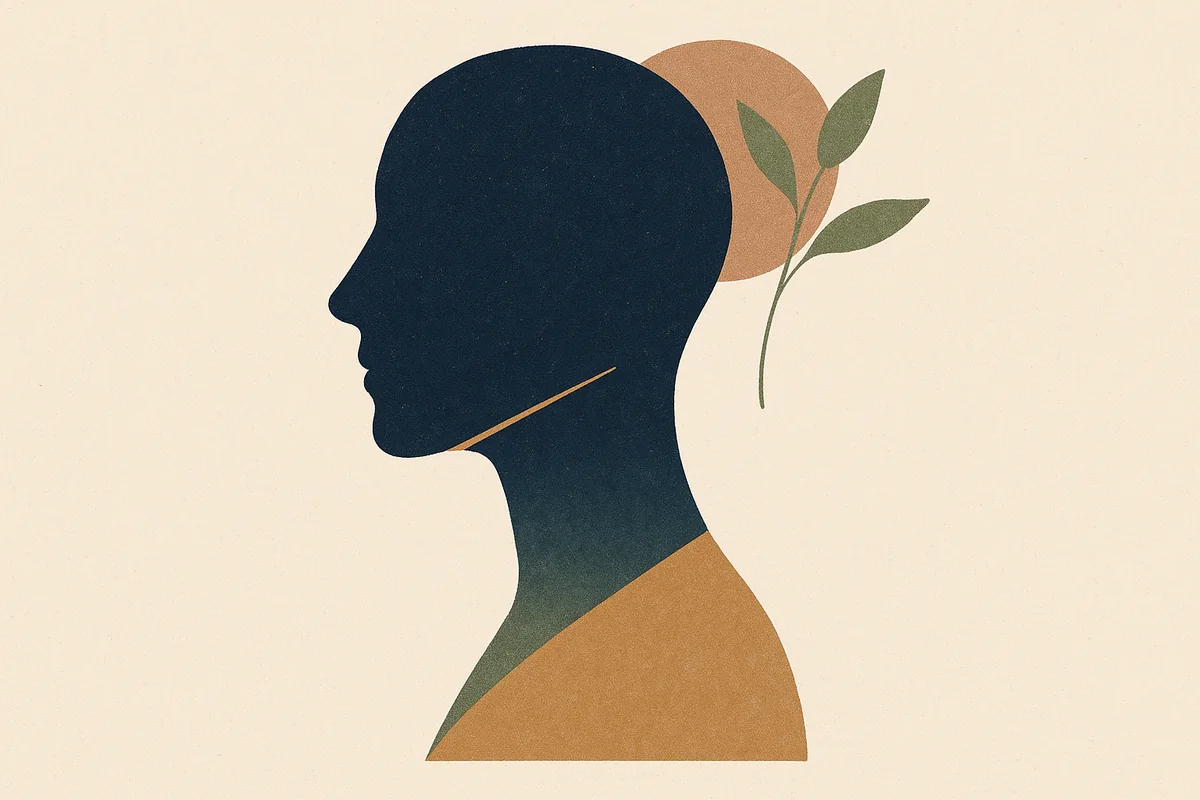 An abstract cut-paper illustration of a face in profile in cream, bronze and navy, where a single bronze line rebuilds a clean angle beneath the chin while the face above remains still and untouched.