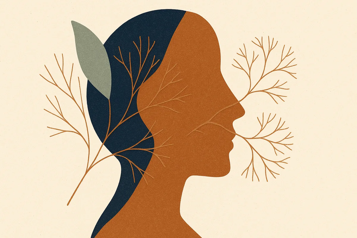 Abstract editorial illustration in cream and bronze with sage and navy accents: fine branching filaments reconnecting across a soft abstract facial contour, evoking sensation slowly returning after surgery.