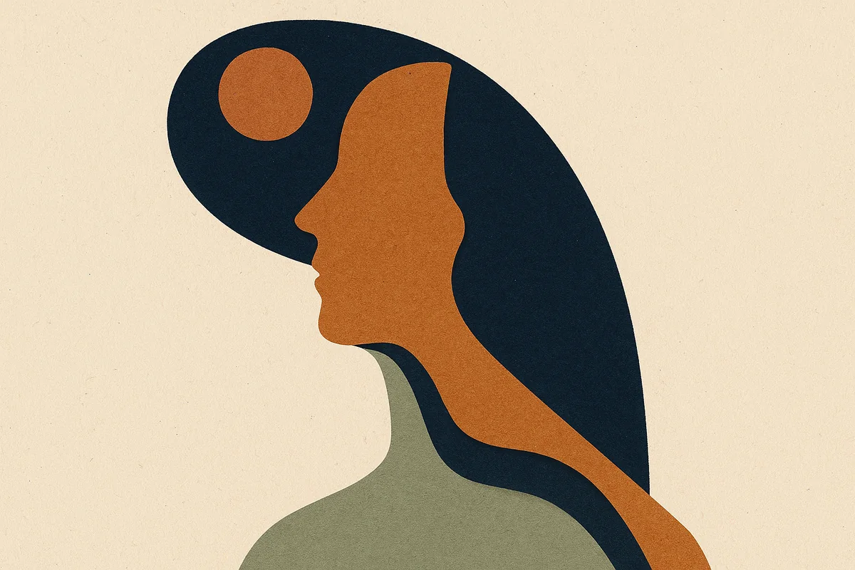 Abstract cut-paper illustration in cream, bronze and deep navy of a face and neck in profile: a crisp bronze jawline at the top gives way below to hollowed cheek layers and a slackened neck sheet, the once-clean edge dissolving into soft shadow as the deep paper beneath it deflates.
