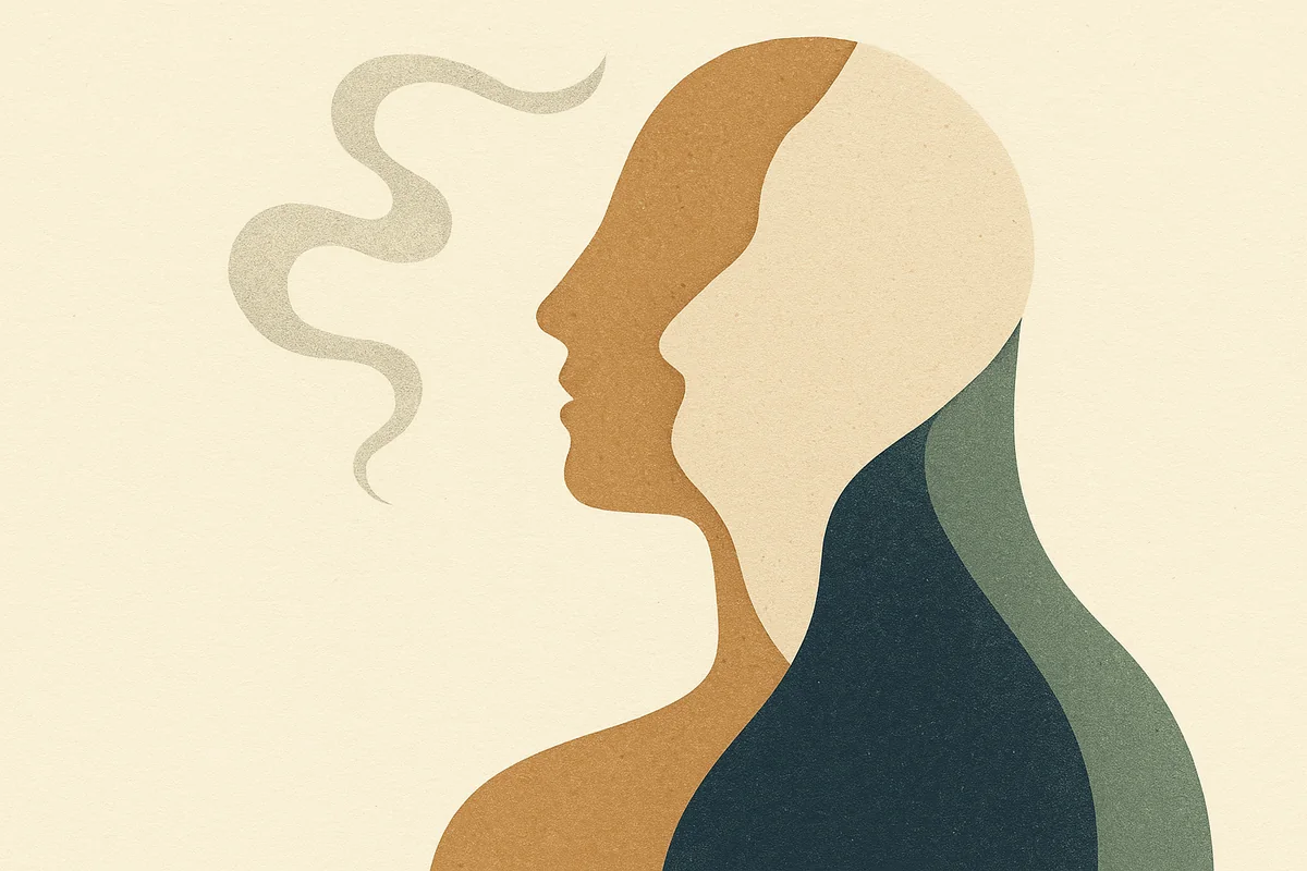 Abstract cut-paper illustration of a face in profile in cream and bronze, a curl of smoke unraveling and dissolving away from the deep layered planes in sage and navy