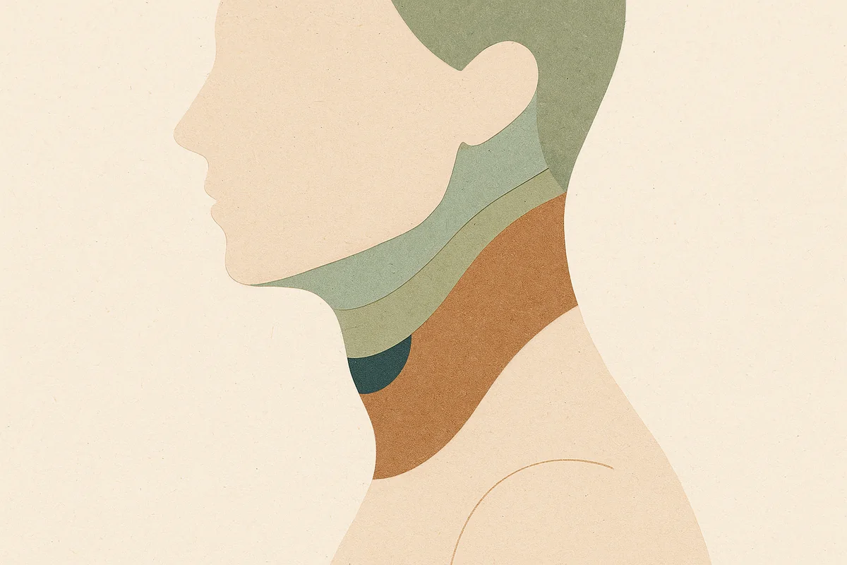 An abstract editorial illustration of a neck in profile rendered as four stacked strata, cream at the surface, then sage, then a broad bronze band for the muscle, with two small navy forms tucked deep beneath the jawline, on a warm cream background.