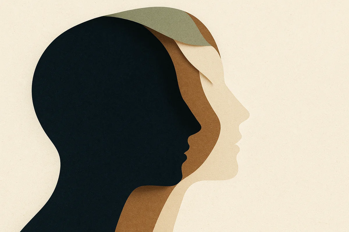 An abstract cut-paper face in profile emerging from deep shadow into light, its layered planes lifting from heavy to weightless, in cream, bronze and deep navy.