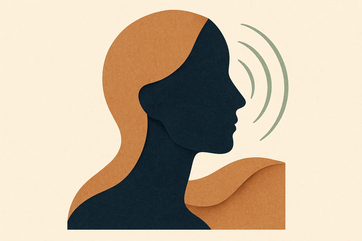 Abstract cut-paper editorial illustration in cream, bronze, sage, and navy: a featureless stylized face in profile built from layered paper planes, thin sound-wave arcs grazing the surface of the jaw while a deeper bronze plane lifts the jawline from beneath.