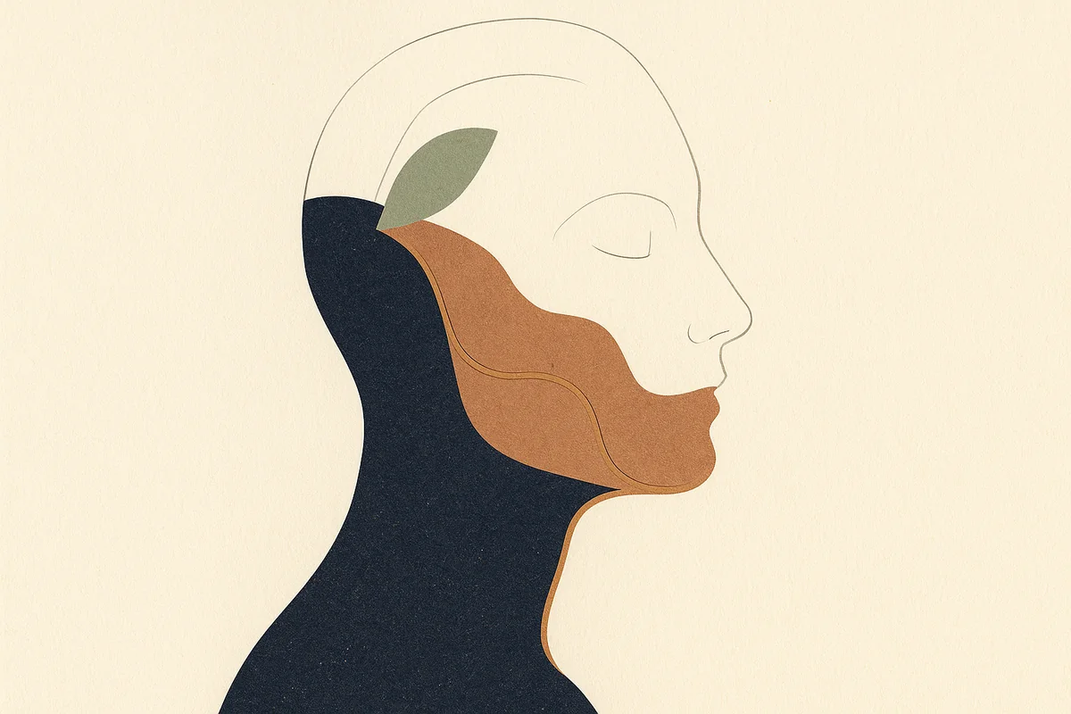 An abstract editorial illustration of a face in profile whose lifted deep planes are traced in bronze while the skin surface, eyes and brow remain as open outlined territories, in cream, bronze, sage and deep navy.