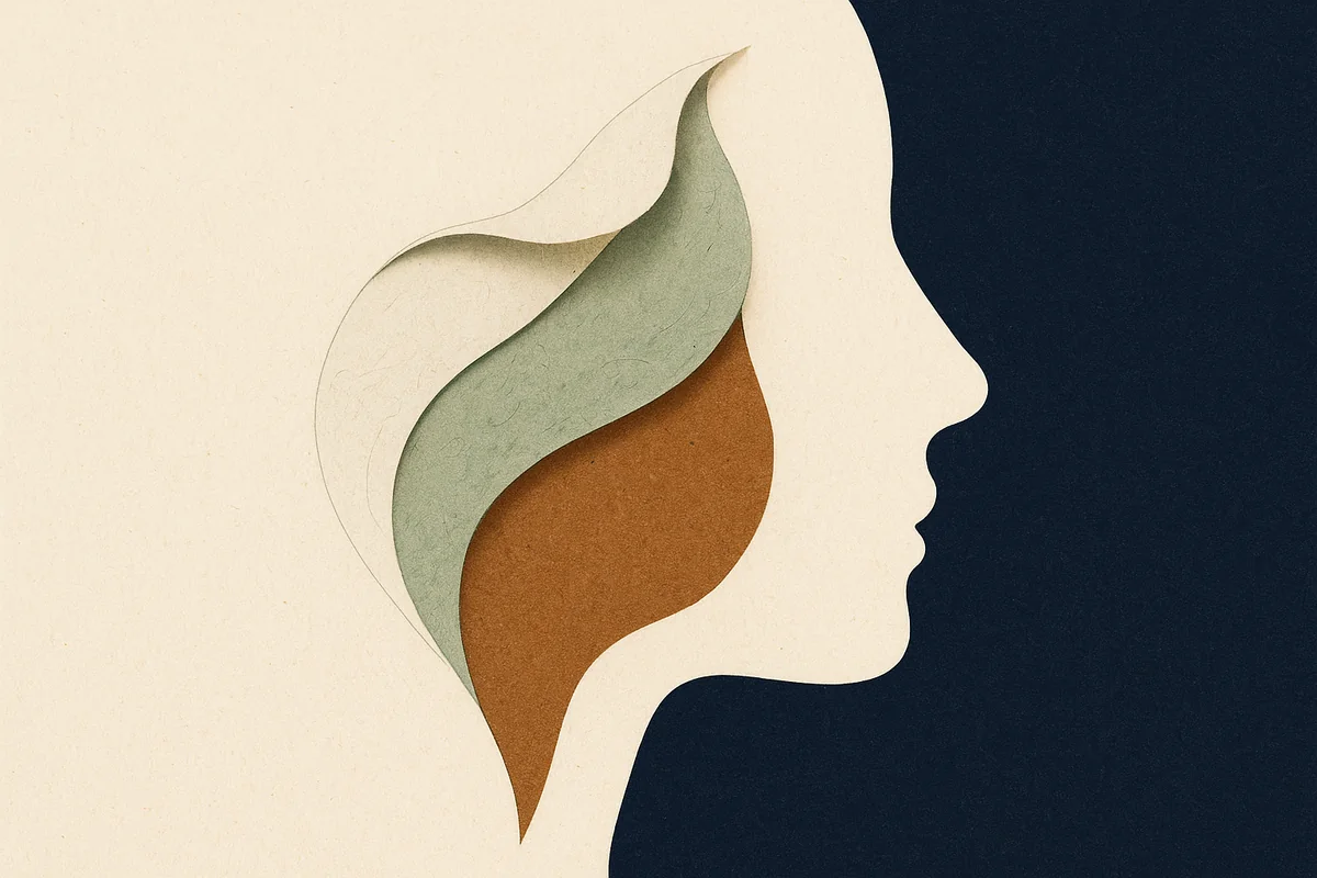 An abstract editorial illustration of a layered cut-paper cheek in cream and sage, its weathered top sheet lifted to reveal a solid bronze structural layer beneath carrying the weight, against deep navy.